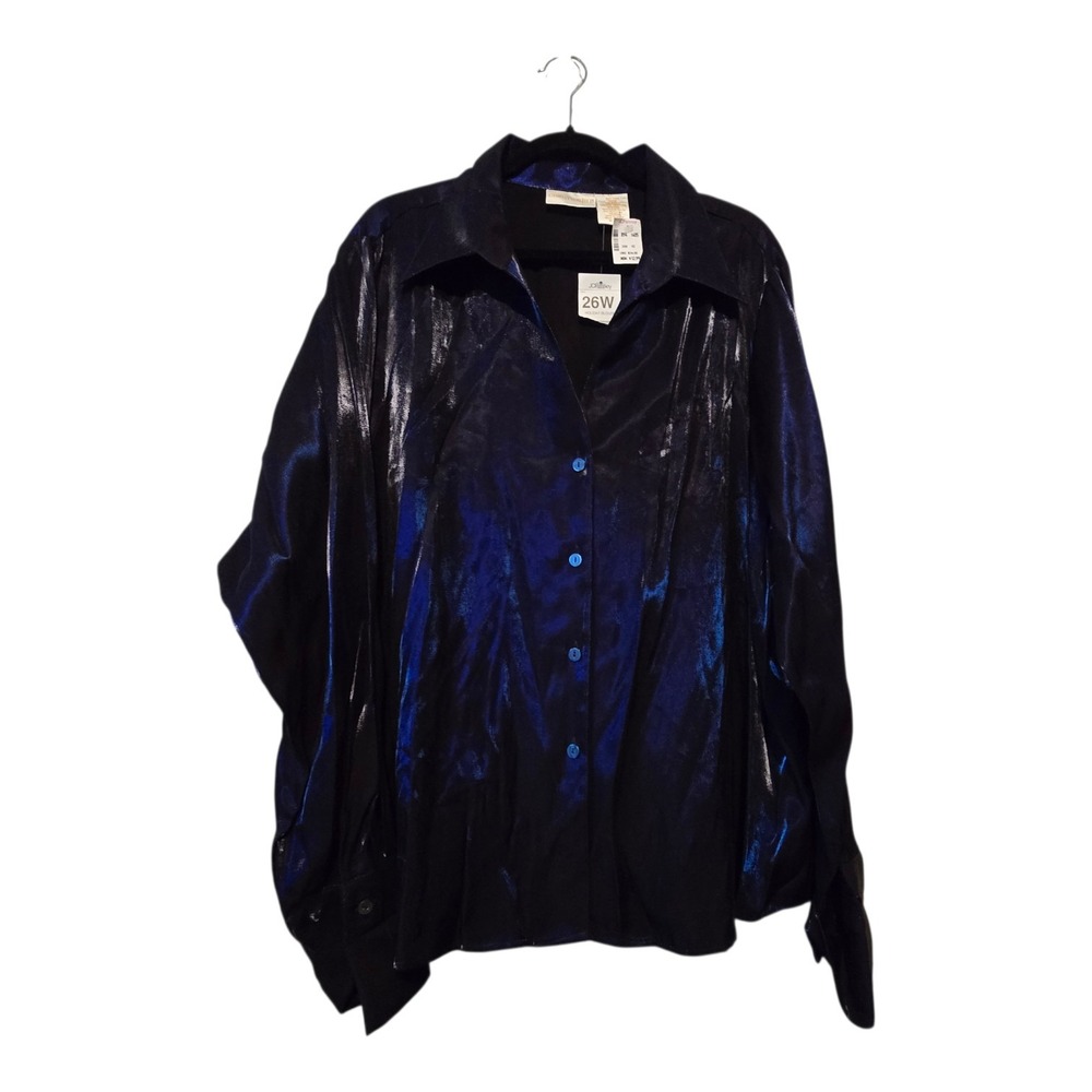 Vintage 90s NEW Christie Jill Shiny Blouse Women's Plus 26W Blue French Cuff NWT